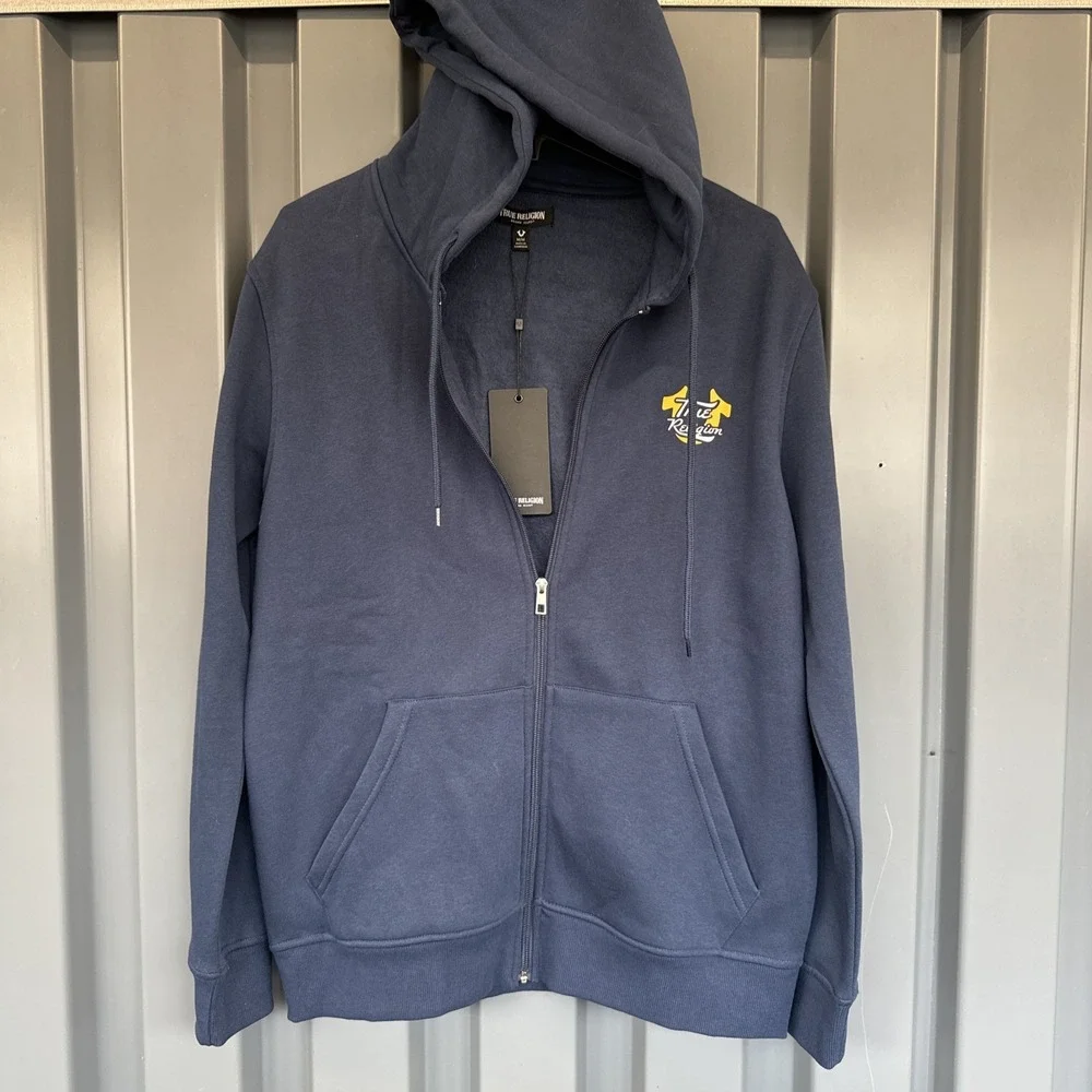 True Religion Jacket Mens M Blue Overlap Buddha Zip Hoodie Sweatshirt NWT‎